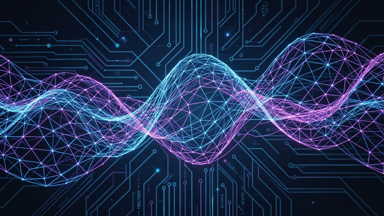 Glowing blue and violet wireframe wave overlays a dark circuit board pattern for an artificial intelligence themed background