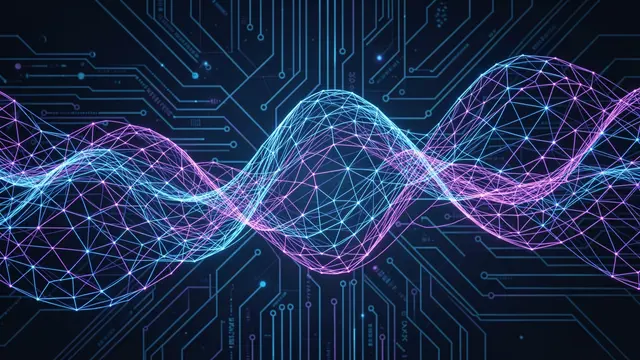 Glowing blue and violet wireframe wave overlays a dark circuit board pattern for an artificial intelligence themed background