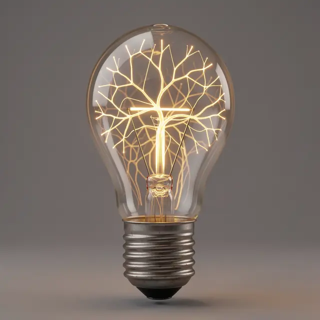 Vintage light bulb with branching glowing neural network filament sits against a plain neutral gray background