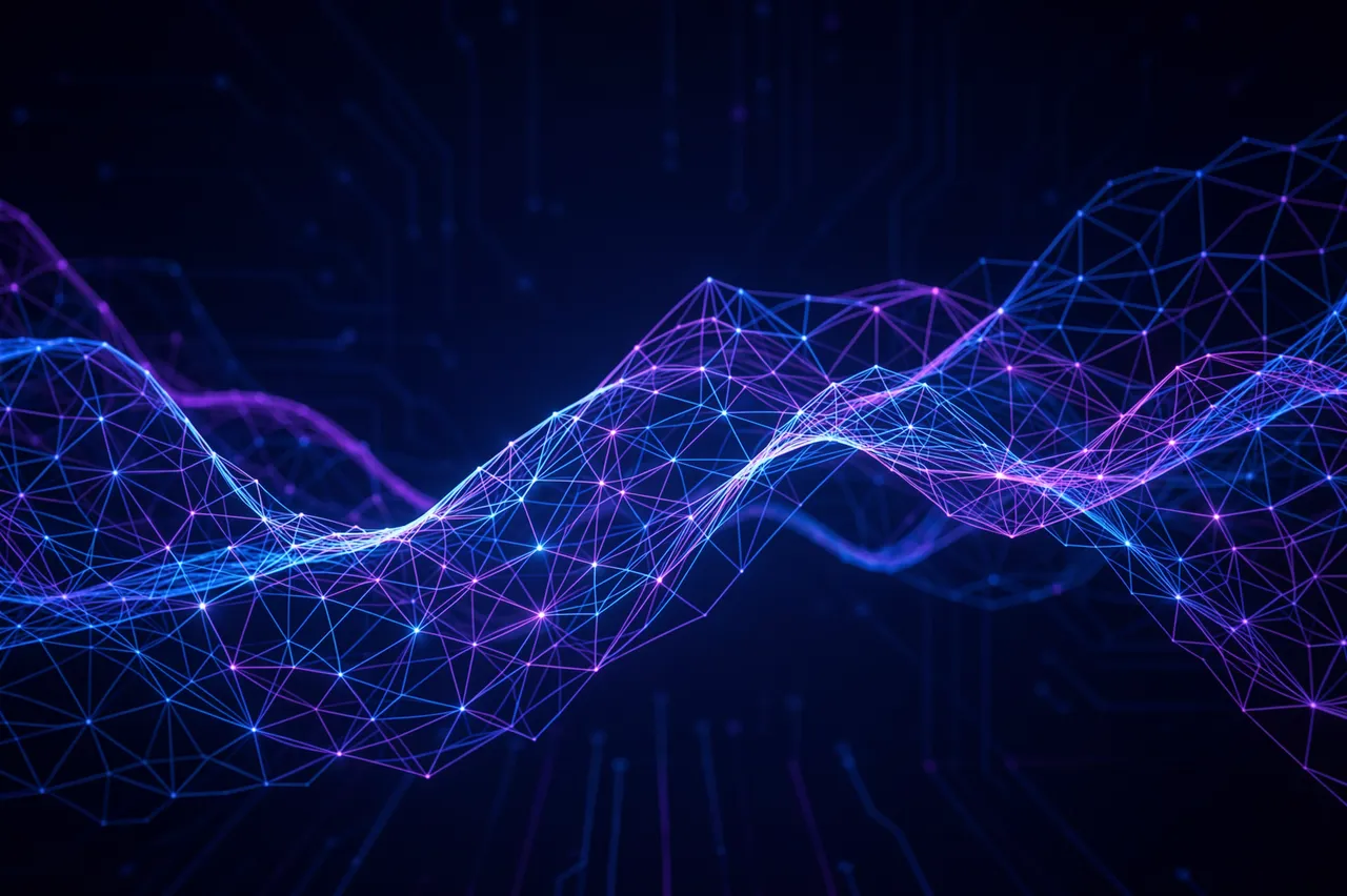 Glowing interwoven blue and violet polygonal mesh waves flow across a dark circuit-inspired background