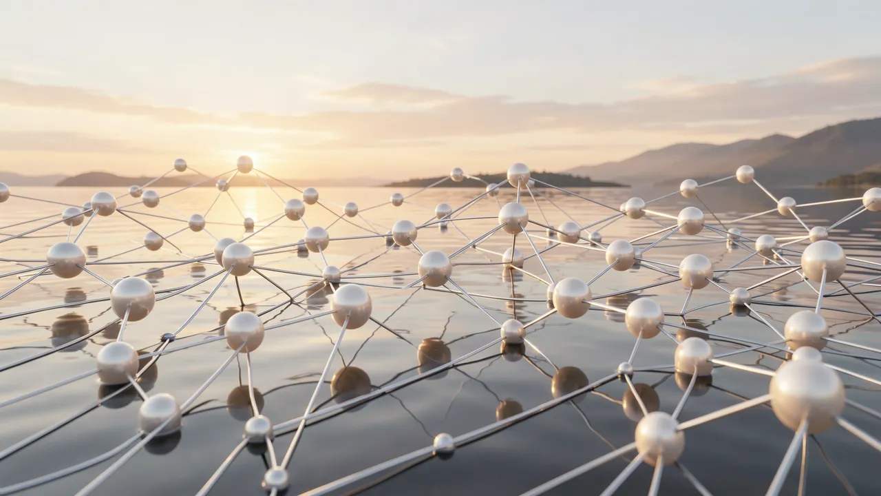 A metallic neural network structure of pearl nodes on silver threads floats over a still lake at sunrise