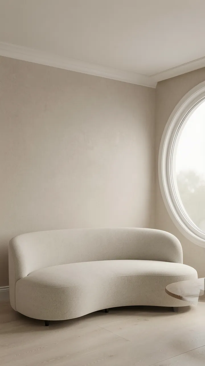 A quiet minimalist beige room features a curved sofa and round window in soft 3D render.