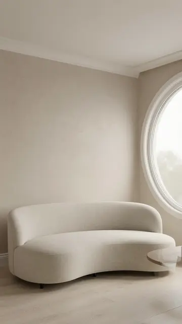 A quiet minimalist beige room features a curved sofa and round window in soft 3D render.