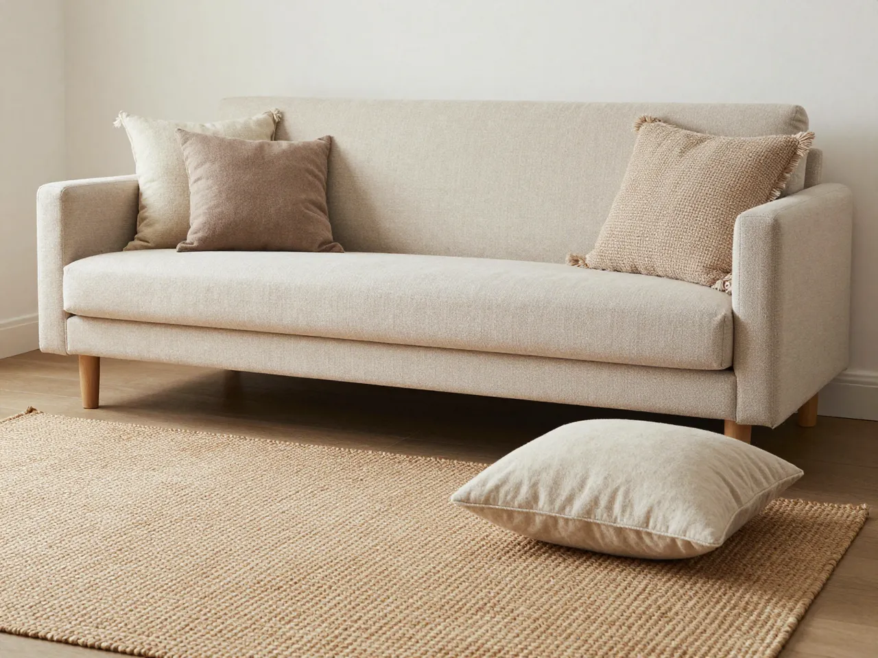 Light beige sofa with throw pillows sits on a woven jute rug with a floor cushion beside it