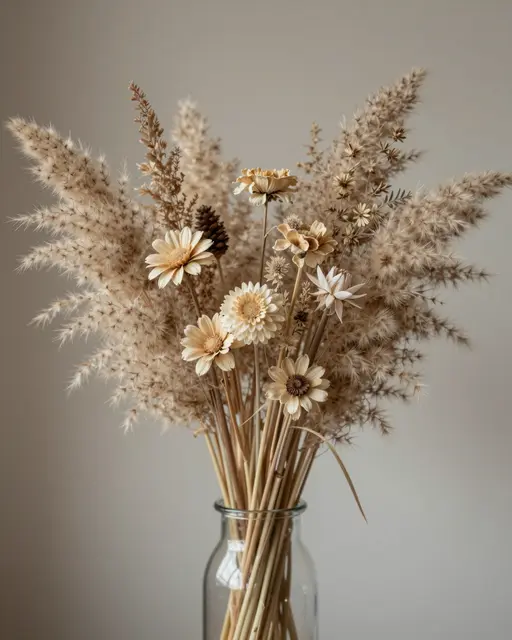 A dried flower and pampas grass arrangement sits in a clear glass vase against a plain beige wall.