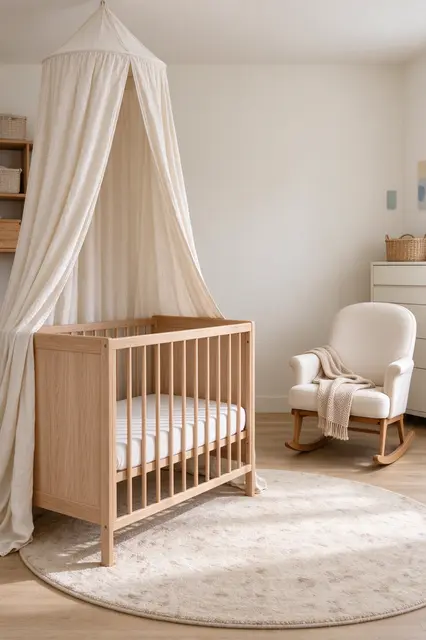 Serene minimalist gender-neutral nursery with an oak crib, linen canopy, cream rocking chair, and round wool rug