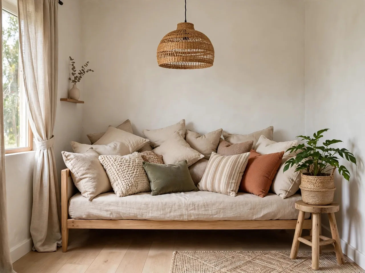 Bright minimalist guest bedroom with a cushion-heaped wooden daybed, woven pendant light and potted houseplant on a stool