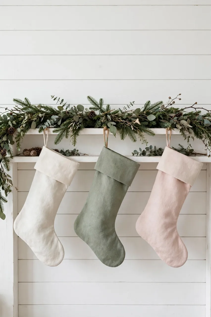 Three muted linen Christmas stockings hang from a white shiplap mantel topped with a fir garland.