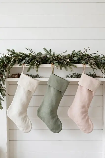 Three muted linen Christmas stockings hang from a white shiplap mantel topped with a fir garland.