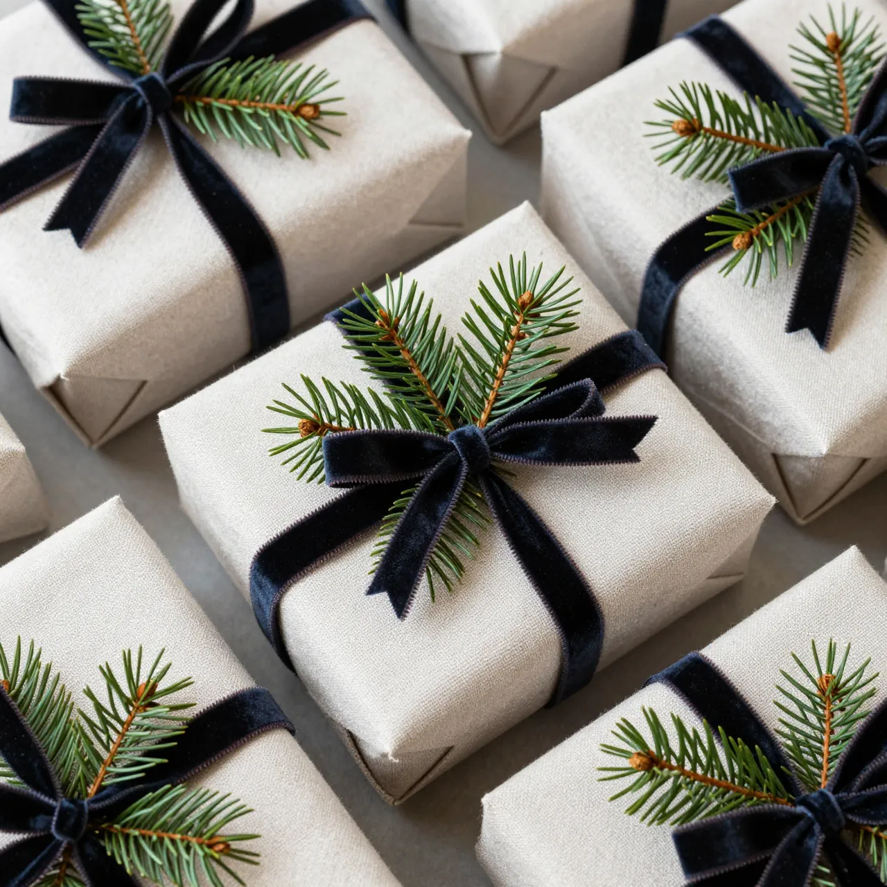 Top view of neatly arranged Christmas gifts wrapped in linen with velvet ribbon and pine sprigs.