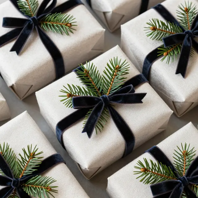 Top view of neatly arranged Christmas gifts wrapped in linen with velvet ribbon and pine sprigs.