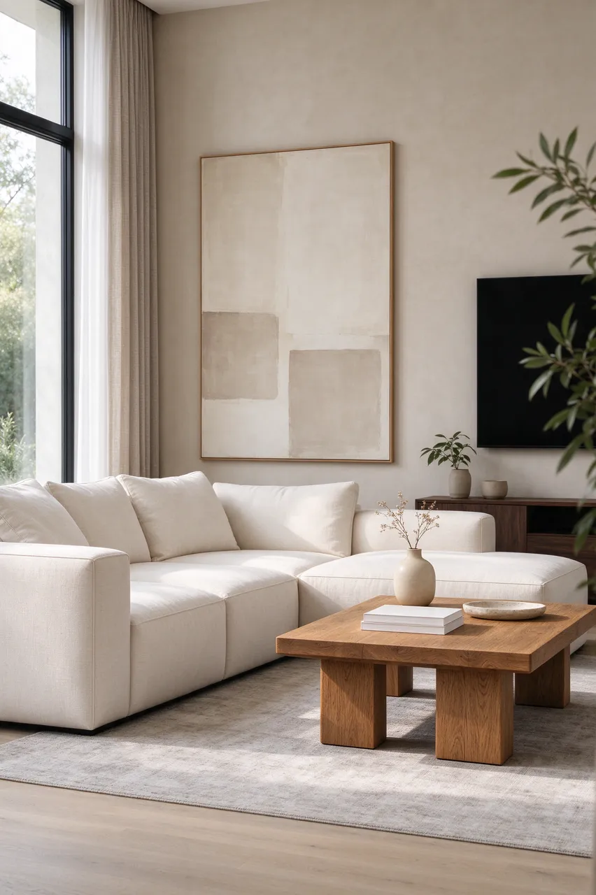 Bright minimalist living room with an oversized cream sectional, chunky oak coffee table and framed abstract wall art.