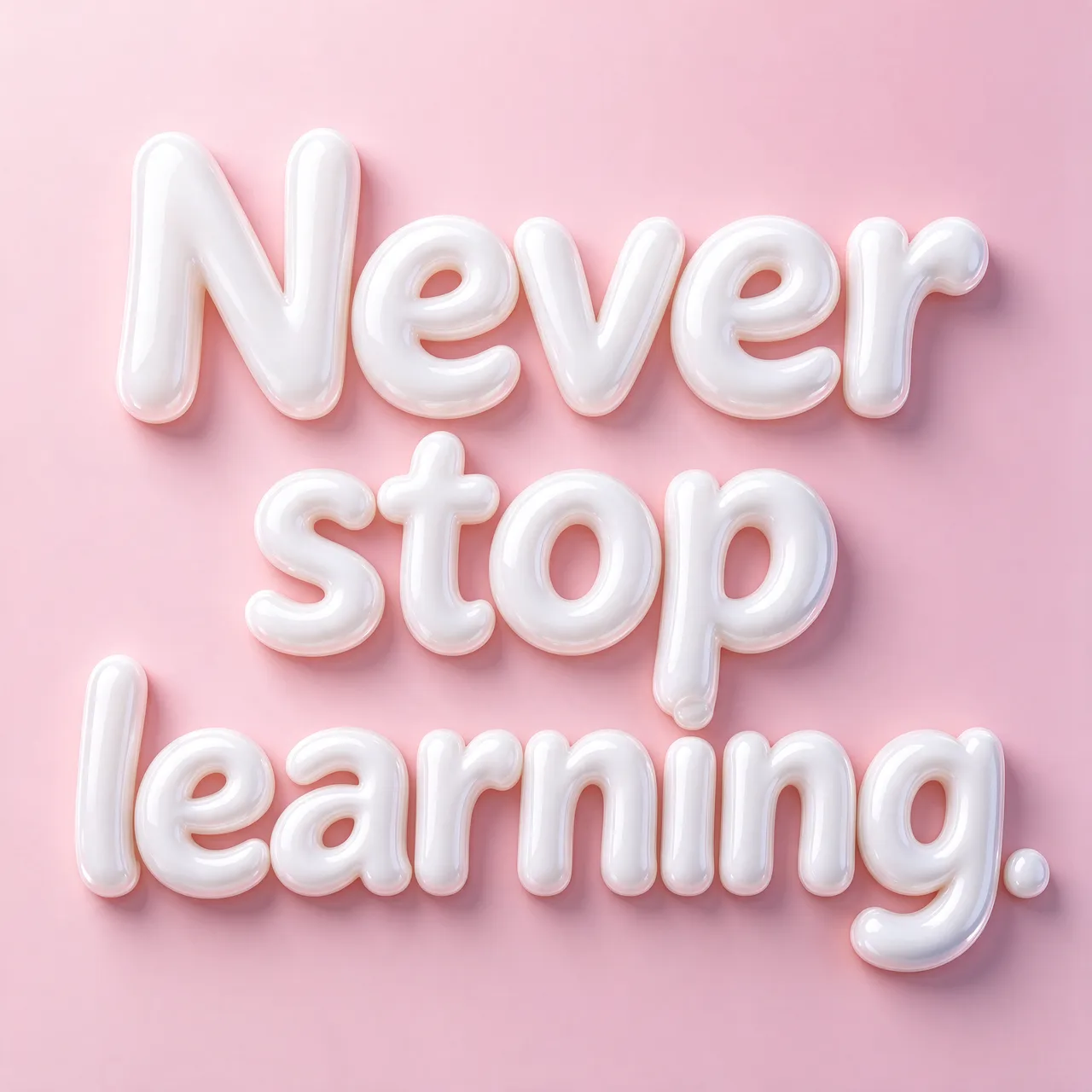 Glossy white 3D bubble letters reading "Never stop learning." on a soft pastel pink background