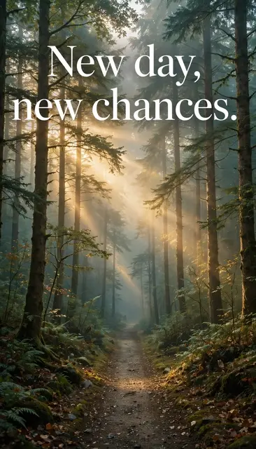 The quote "New day, new chances." appears over a misty forest path lit by golden sunbeams.
