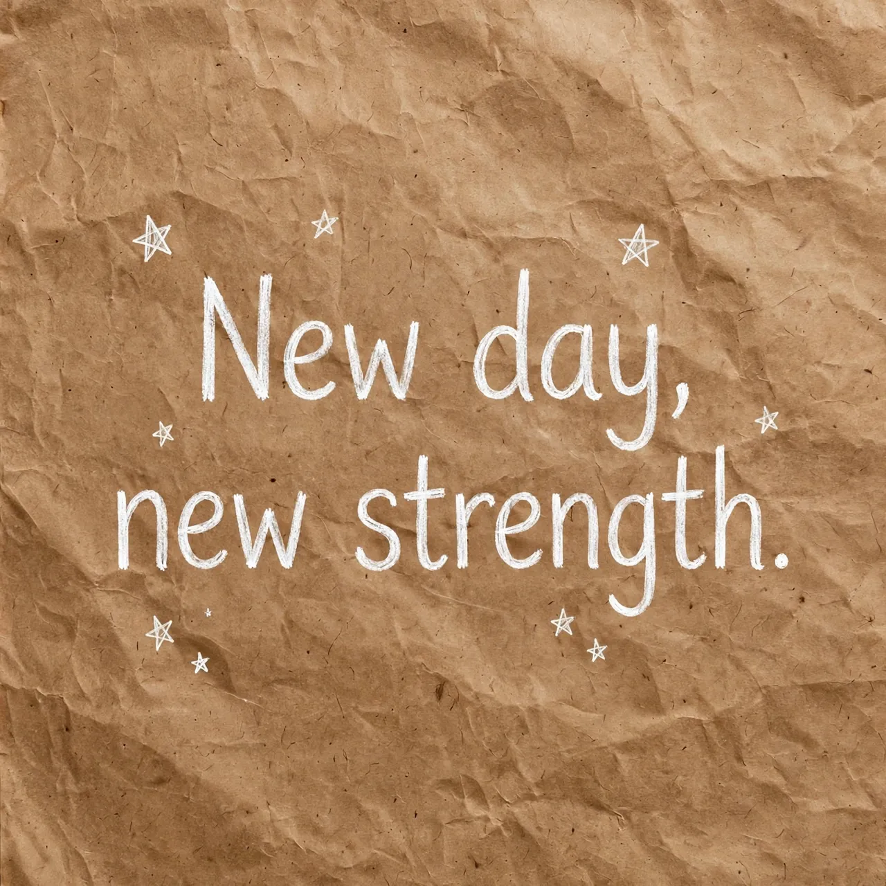 White hand-drawn text reading "New day, new strength." with small star doodles on crumpled brown kraft paper