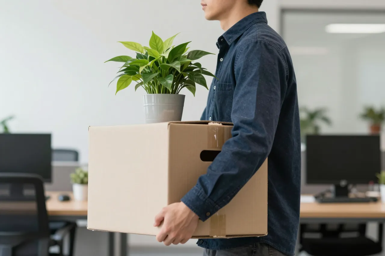 A man carries a cardboard box and potted plant through a modern open plan office