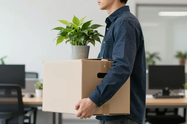A man carries a cardboard box and potted plant through a modern open plan office