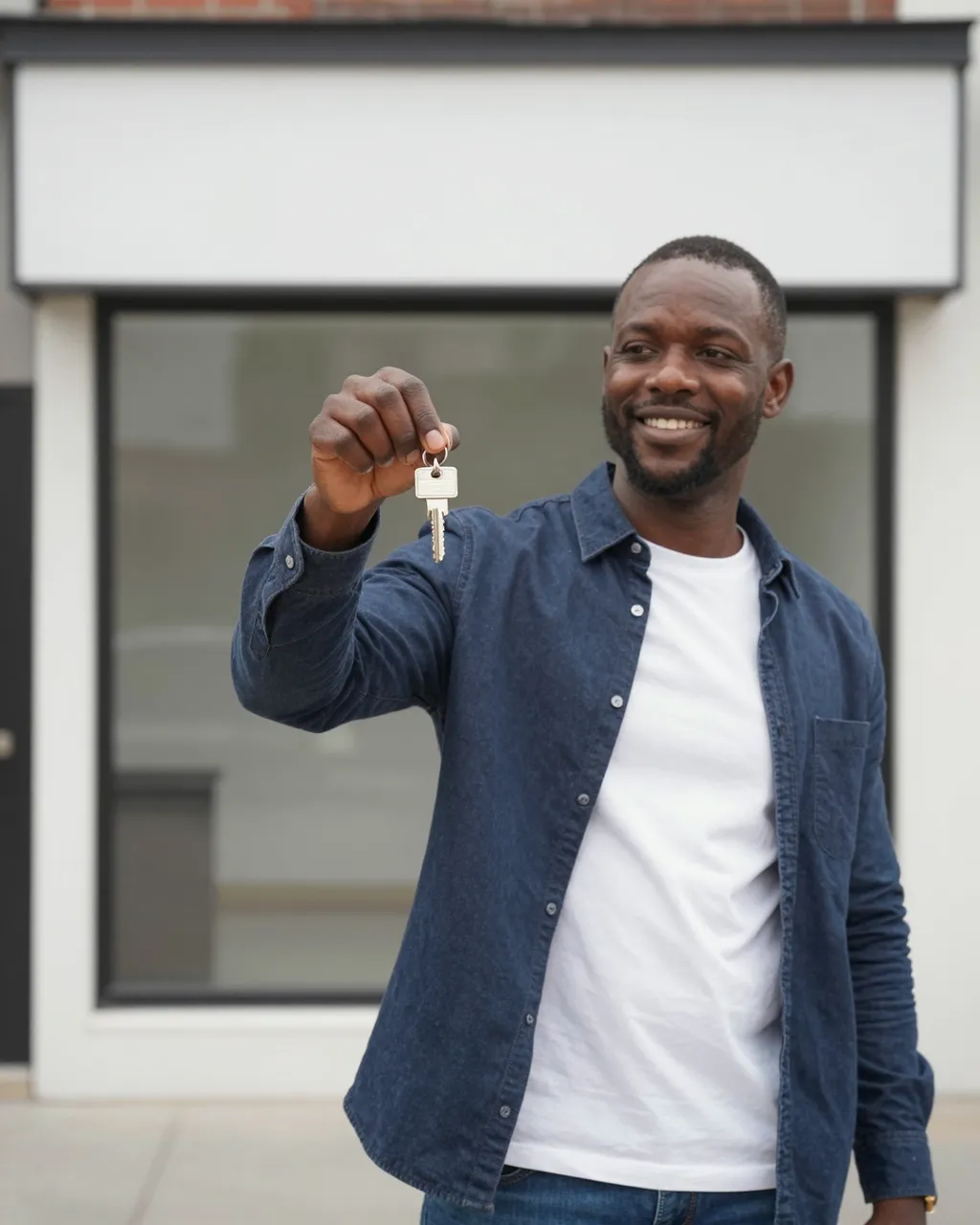 Smiling Black man in his forties holds up shop keys while standing outside an empty storefront