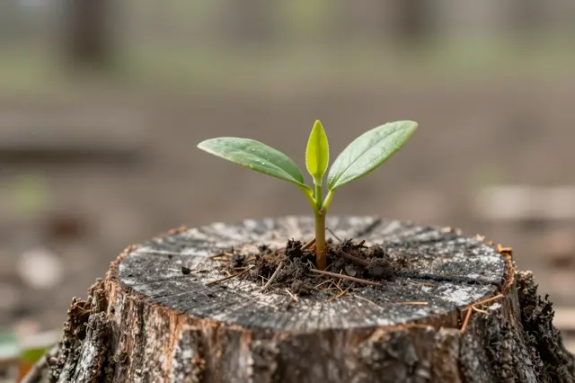 A small bright green seedling grows from the top of an old weathered tree stump