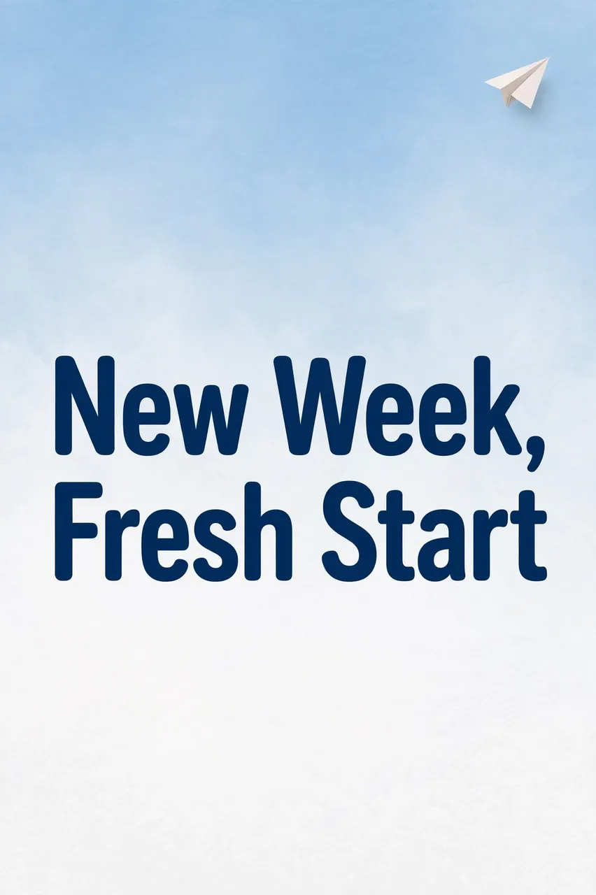 "New Week, Fresh Start" navy centered text with a small paper airplane in the top right corner over a soft sky blue to white