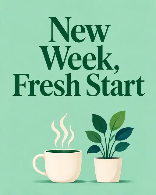 "New Week, Fresh Start" typography above a steaming mug and potted plant on a mint green background