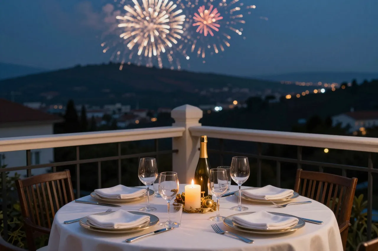 Set dining table on a balcony with lit candle as fireworks burst over distant hills at twilight