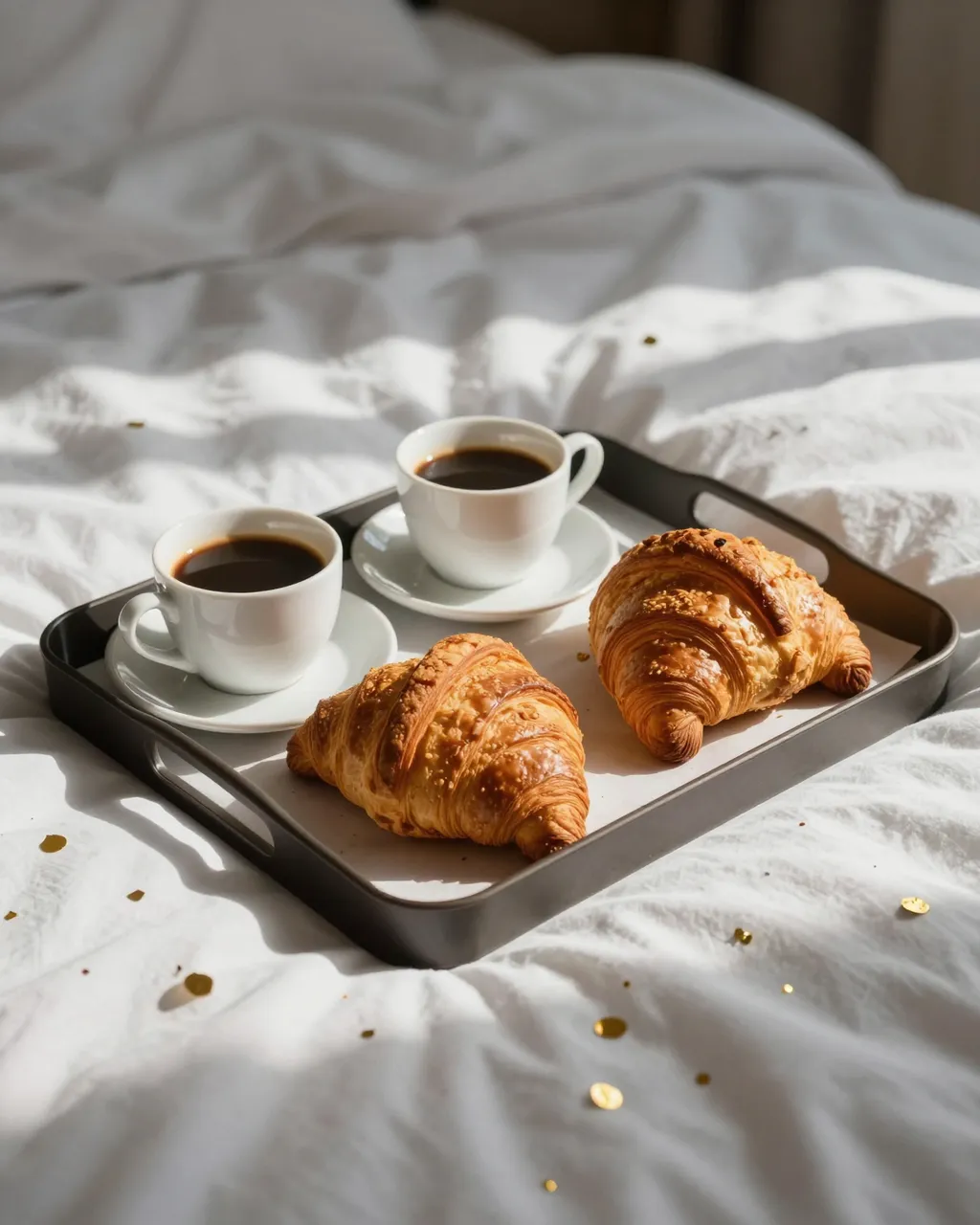 A breakfast tray with coffee and croissants rests on a rumpled bed scattered with gold confetti in morning light