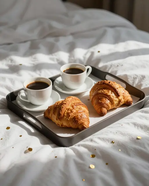 A breakfast tray with coffee and croissants rests on a rumpled bed scattered with gold confetti in morning light
