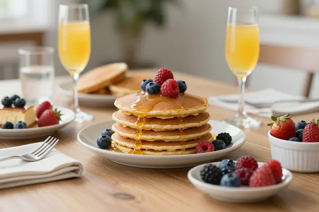 Stack of syrup-drizzled pancakes with fresh berries, mimosa flutes and brunch dishes on a light wooden table