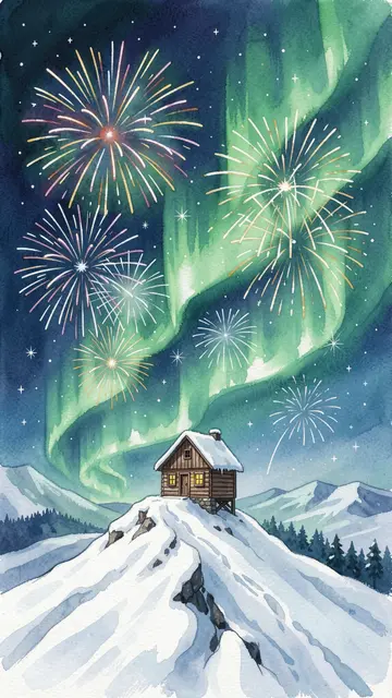 Wooden cabin on a snowy mountain ridge under green aurora and bursting New Year fireworks