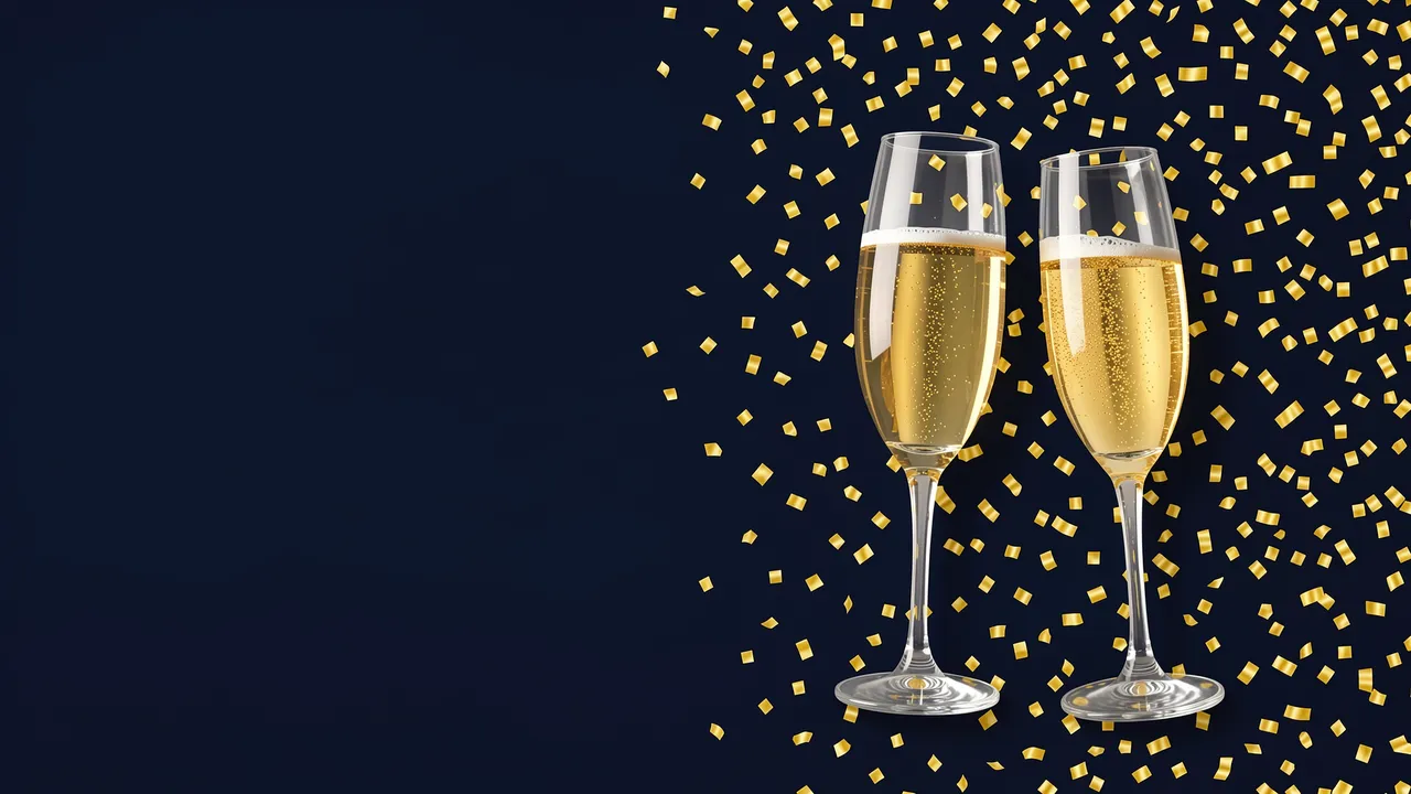 Two filled champagne flutes sit with falling gold confetti on a dark navy backdrop with empty left copy space