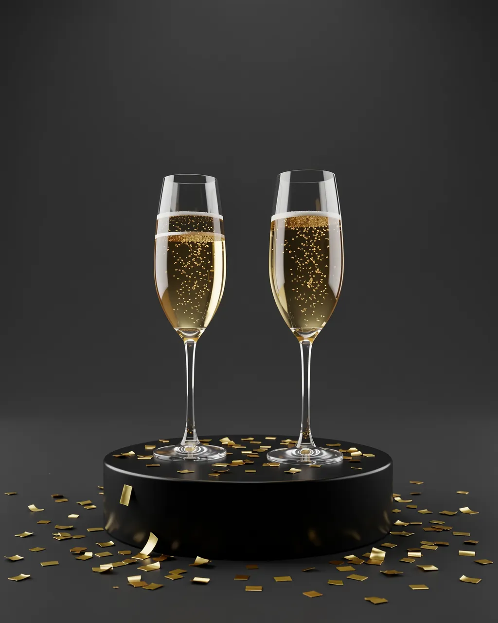 Two full sparkling champagne flutes sit on a black round podium scattered with gold confetti against a dark empty background