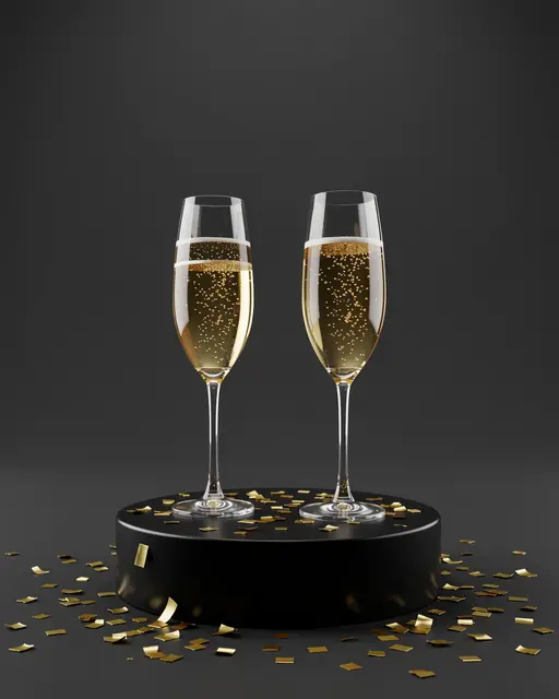 Two full sparkling champagne flutes sit on a black round podium scattered with gold confetti against a dark empty background
