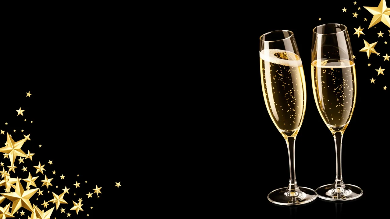 Two filled champagne flutes with sparkling wine sit on a black background framed by gold stars at opposite corners with