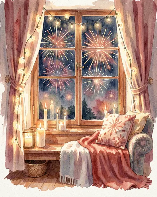 Watercolor illustration of a cozy window seat with glowing candles, fairy lights and fireworks lighting up the night sky