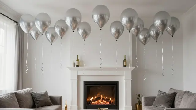 A cozy living room with a glowing fireplace and hanging silver New Year's Eve balloons.