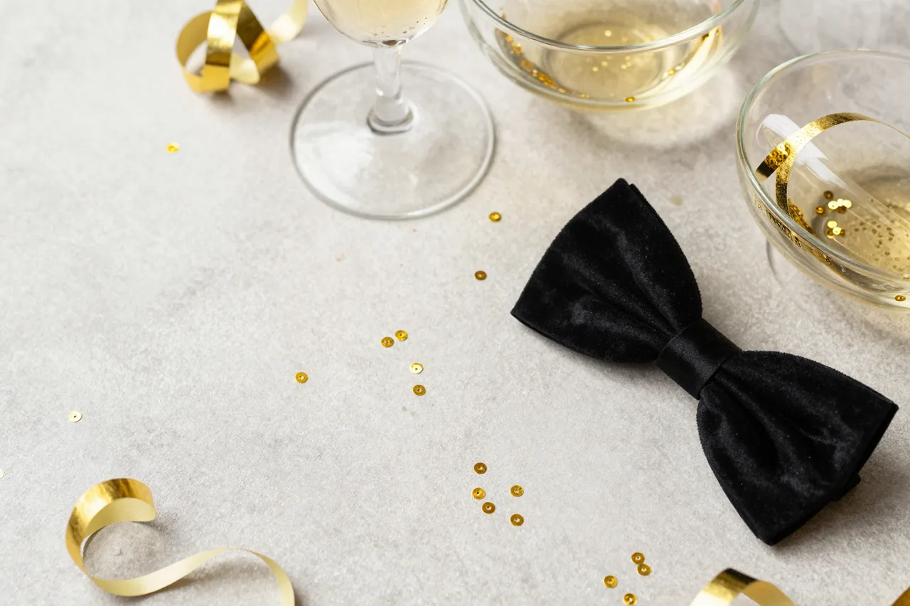 Black velvet bow tie, champagne coupes, gold confetti and streamers rest on a light gray textured surface.