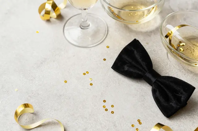 Black velvet bow tie, champagne coupes, gold confetti and streamers rest on a light gray textured surface.