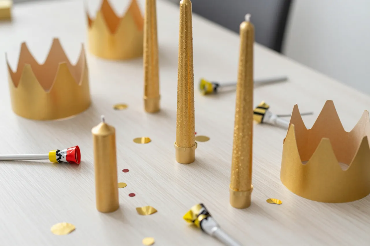 A light wooden party table arranged with gold paper crowns, golden candles, noisemakers and scattered confetti.
