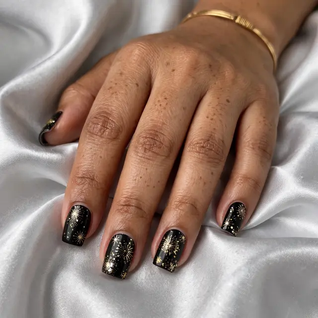 South Asian woman's hand with black gold firework nail art rests on silver satin