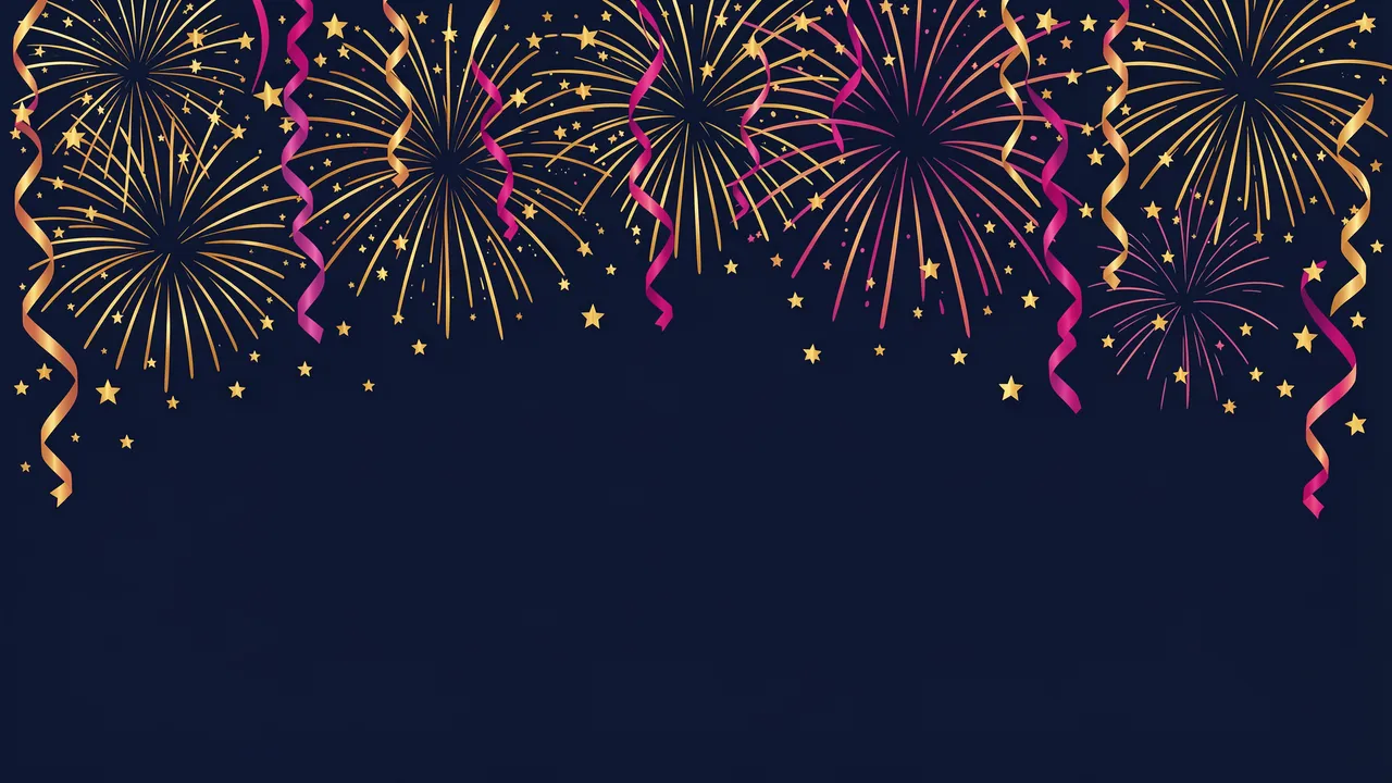 Gold and magenta fireworks, streamers and stars span the top of a dark navy background with empty space below.