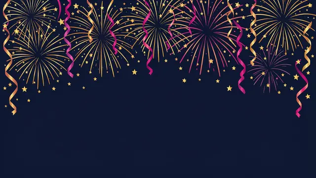 Gold and magenta fireworks, streamers and stars span the top of a dark navy background with empty space below.