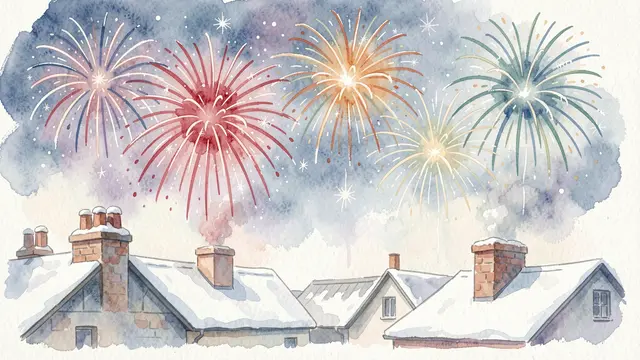 Watercolor illustration of bright fireworks bursting above snow-covered rooftops and chimneys on a winter night