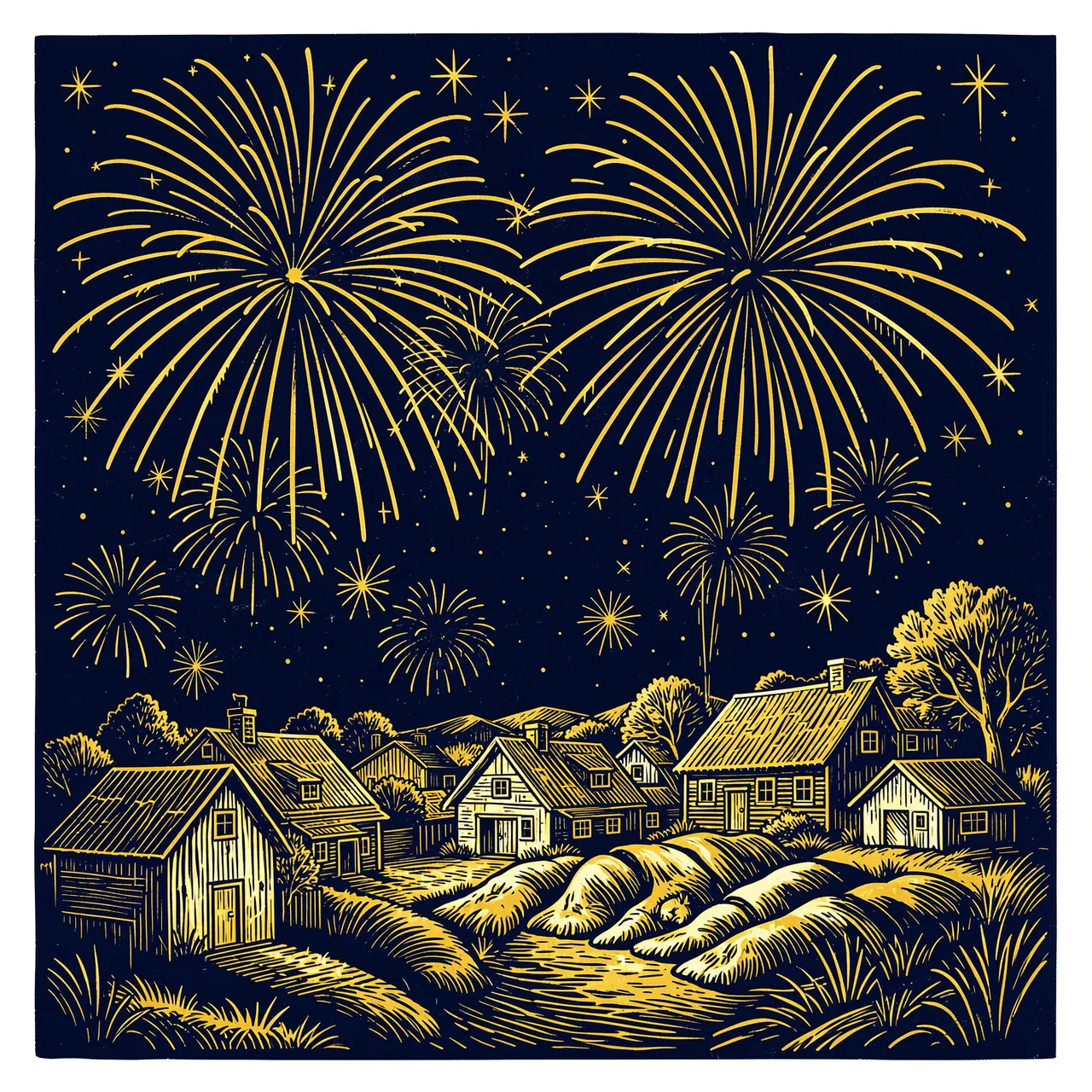 Linocut print of golden fireworks bursting over a quiet sleeping village on a dark navy night