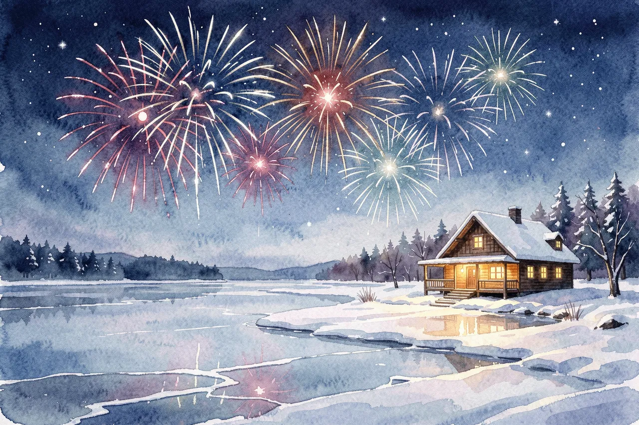 Watercolor illustration of bright fireworks bursting over a frozen lake beside a glowing snow-covered cabin on New Year's Eve