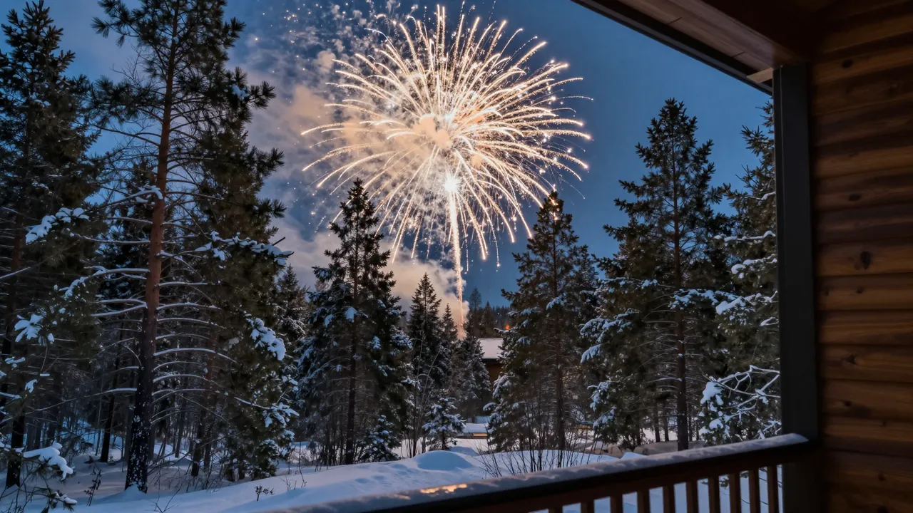 Golden fireworks burst against a twilight sky above a snow-covered pine forest viewed from a wooden cabin deck