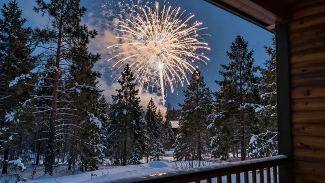 Golden fireworks burst against a twilight sky above a snow-covered pine forest viewed from a wooden cabin deck