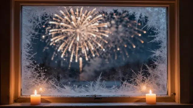 Lit candles sit on a frosty cabin windowsill as golden fireworks burst outside at night