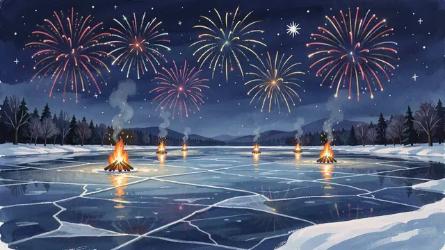 Gouache illustration of a frozen cracked lake with small bonfires under fireworks at midnight