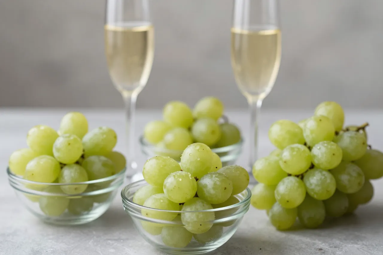 Glass bowls of fresh green grapes sit next to filled champagne flutes on a light gray tabletop